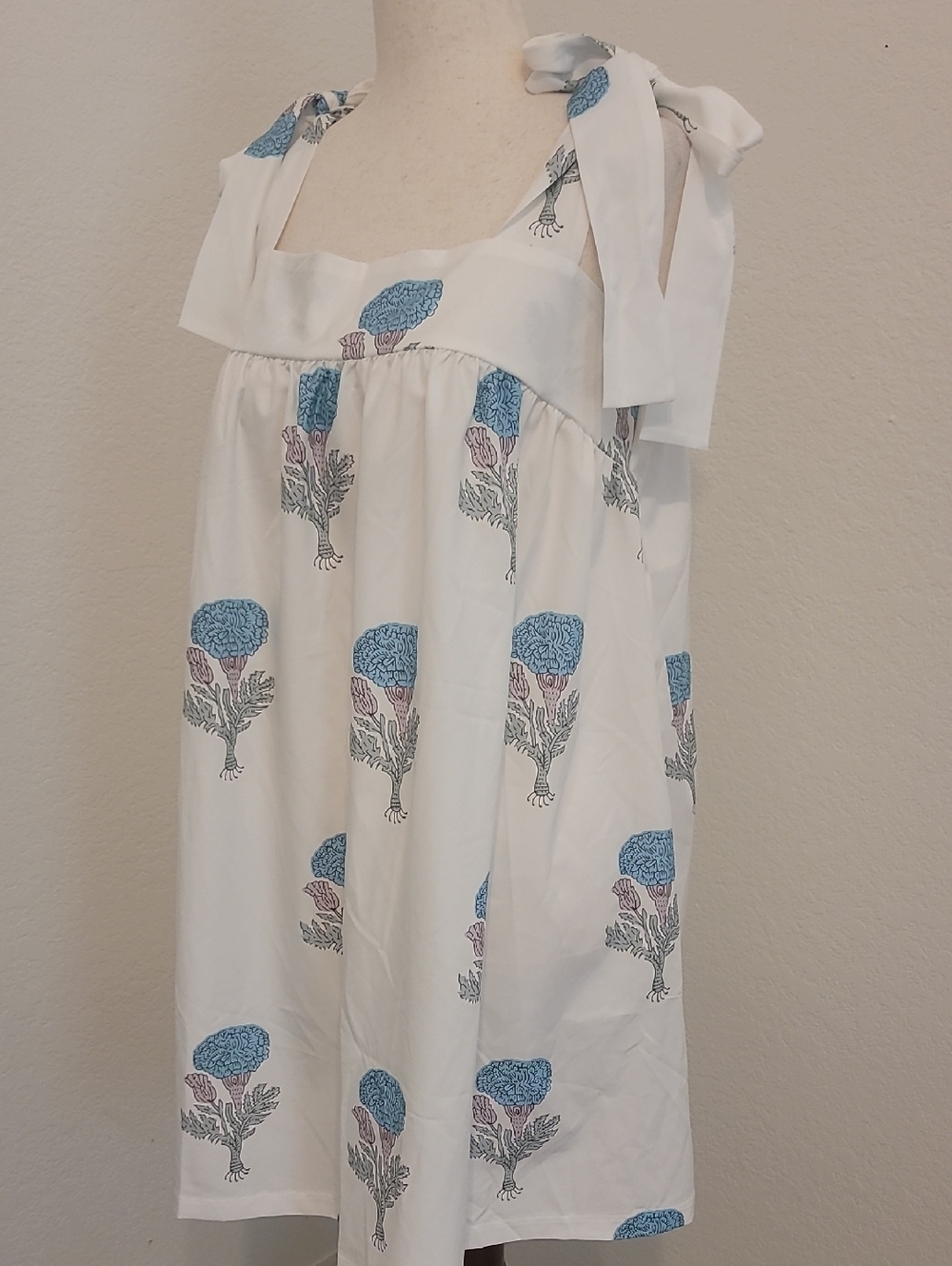 White Sleeveless Tie-Shoulder Dress with Blue Floral Print